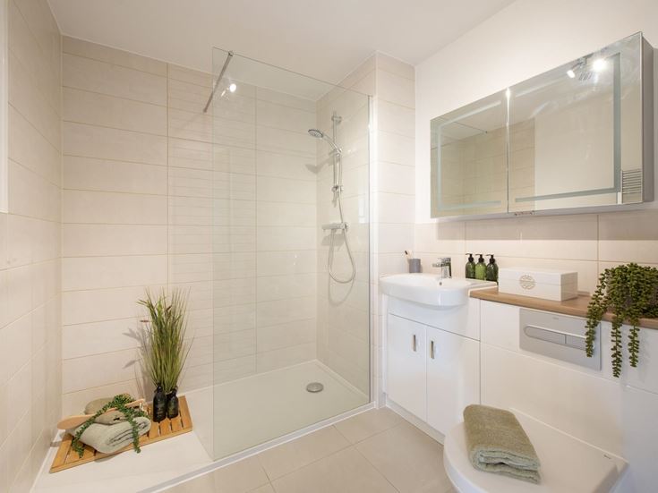 a bathroom with a shower and sink