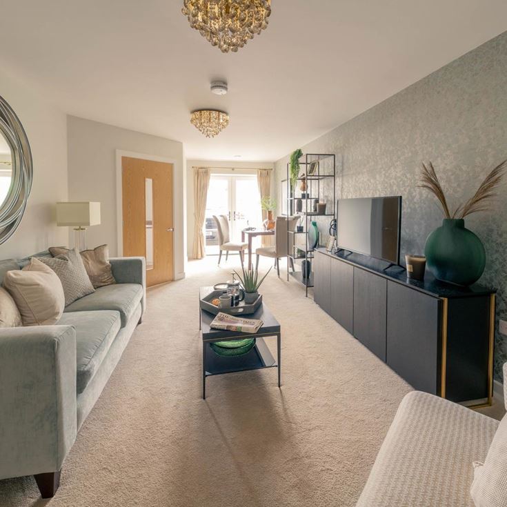 a living room with a large mirror