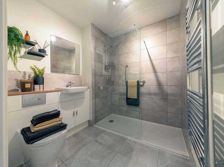 a bathroom with a glass shower