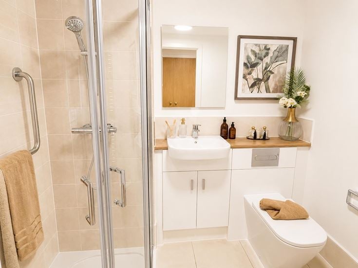 a bathroom with a glass shower