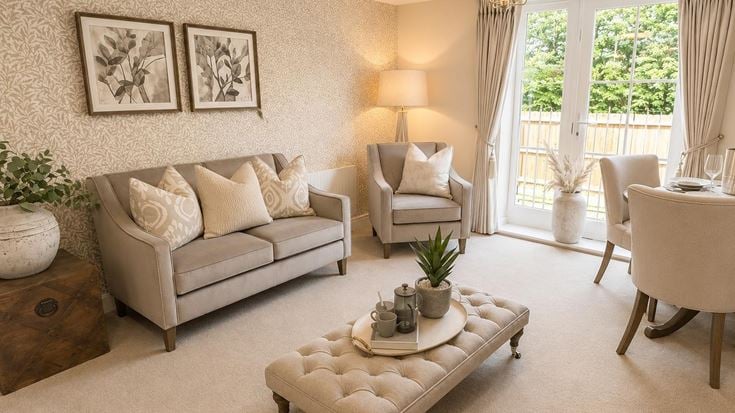 a living room with a couch and chairs