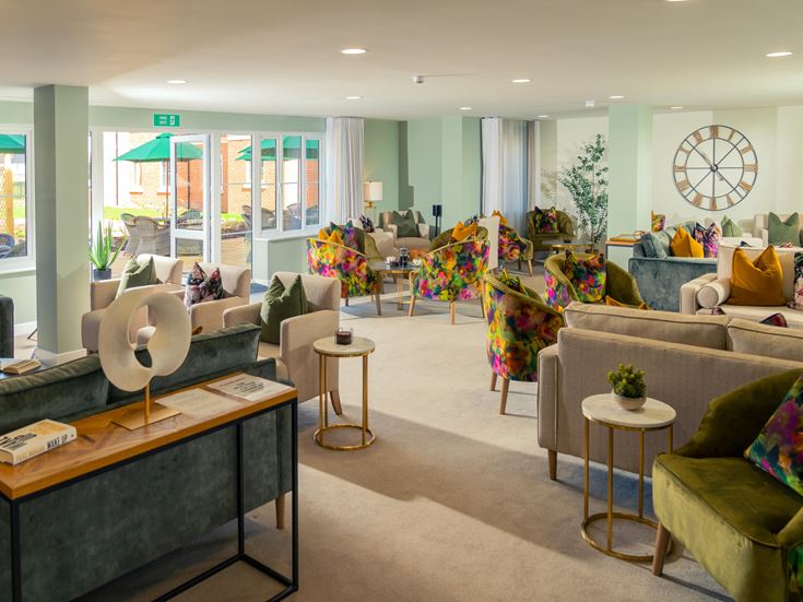 a living room with a clock