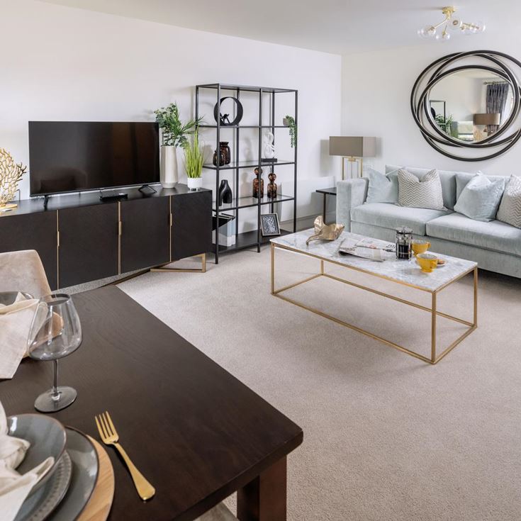 a living room with a large mirror