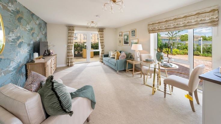 a living room with a large window
