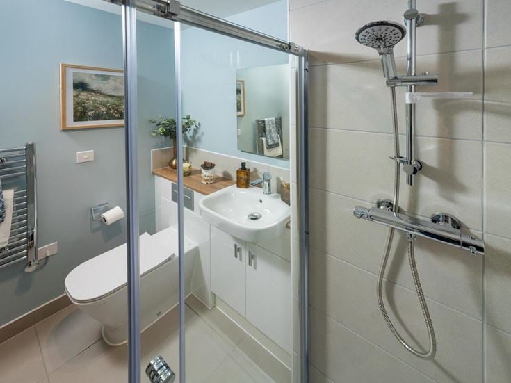 a bathroom with a glass shower