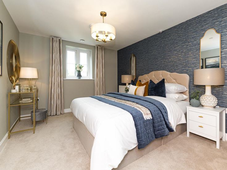 a bedroom with a bed and lamps