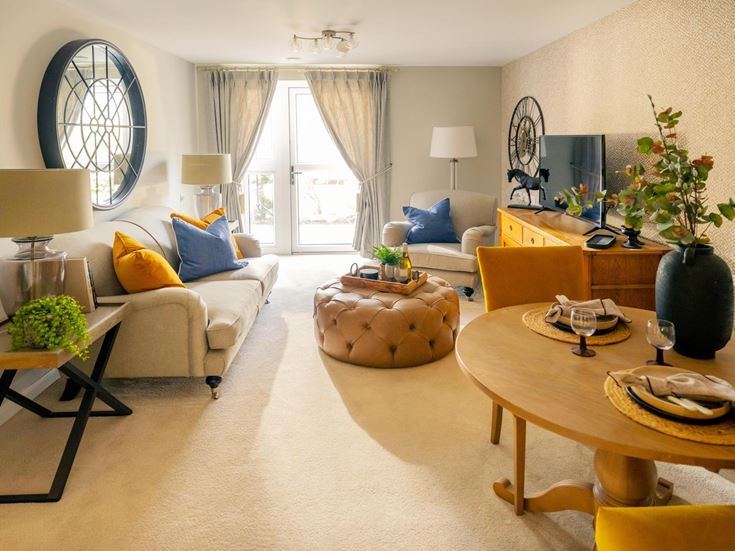 a living room with a large mirror