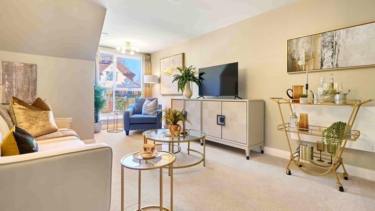 a living room with a tv and furniture