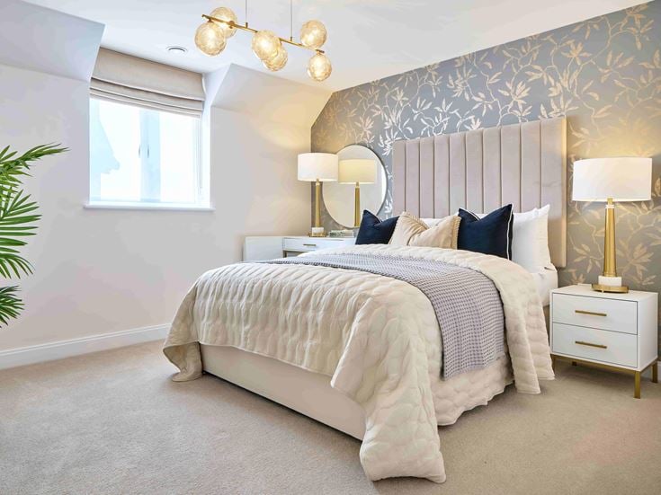 a bedroom with a bed and lamps