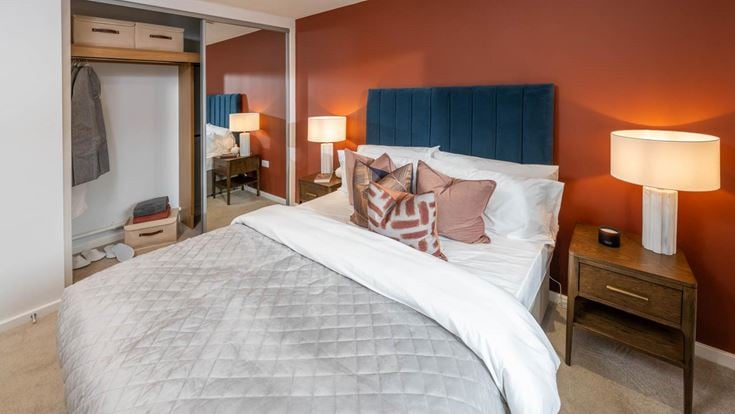 a hotel room with two beds