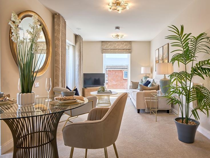 a living room with a large mirror