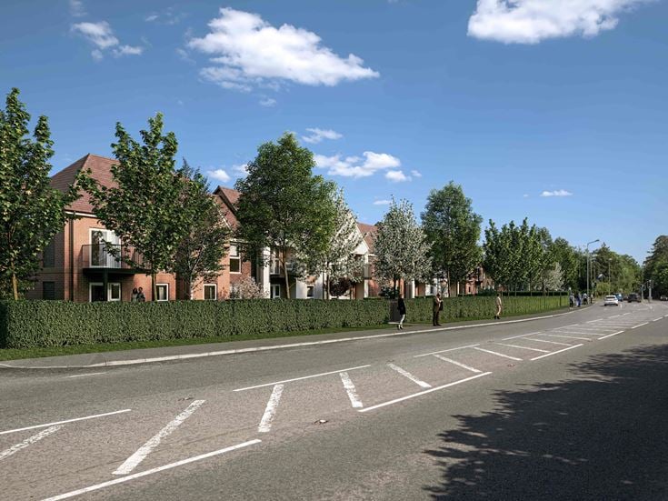 a road with trees and a building on the side