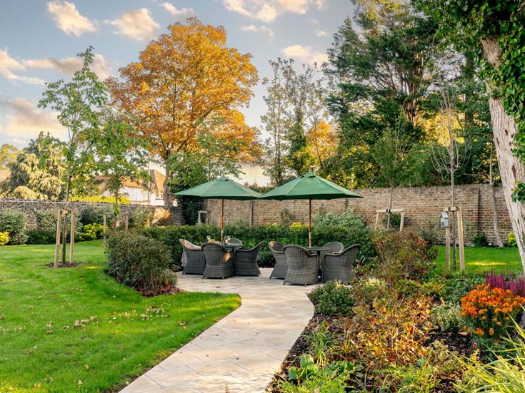 a garden with a path and trees