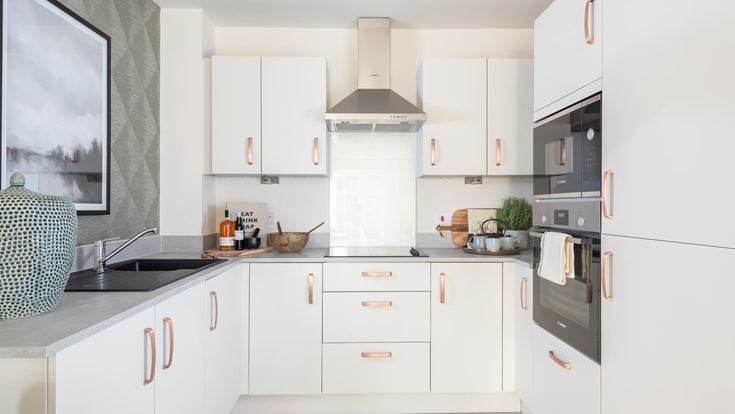 a kitchen with white cabinets