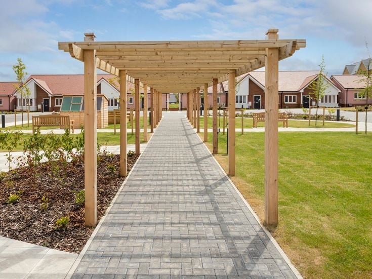 a walkway with a covered area