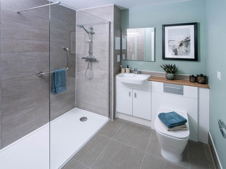 a bathroom with a glass shower