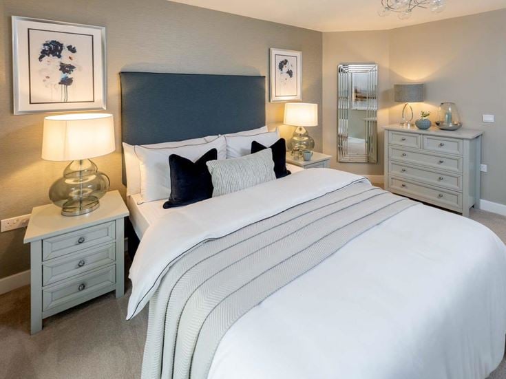 a bedroom with a bed and lamps