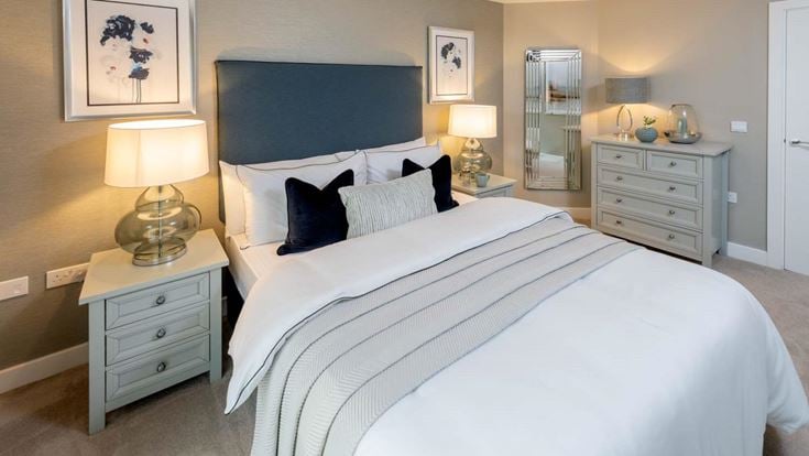 a bedroom with a bed and lamps