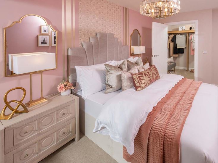 a bed with a large headboard