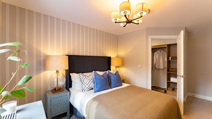 a bedroom with a bed and lamps