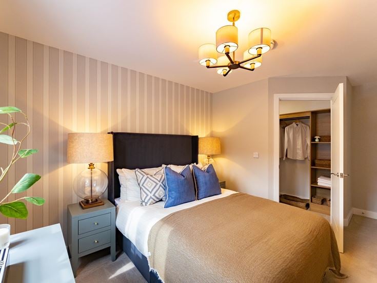 a bedroom with a bed and lamps