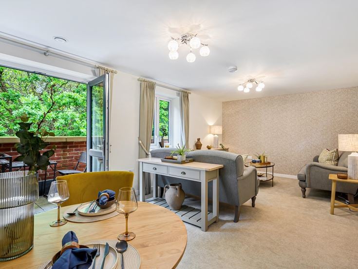 a living room with a large window
