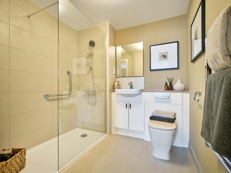 a bathroom with a glass shower