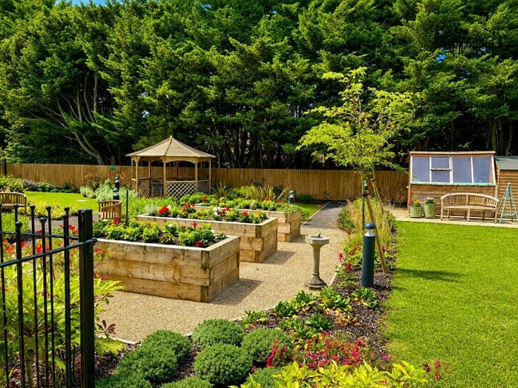 a garden with a fountain