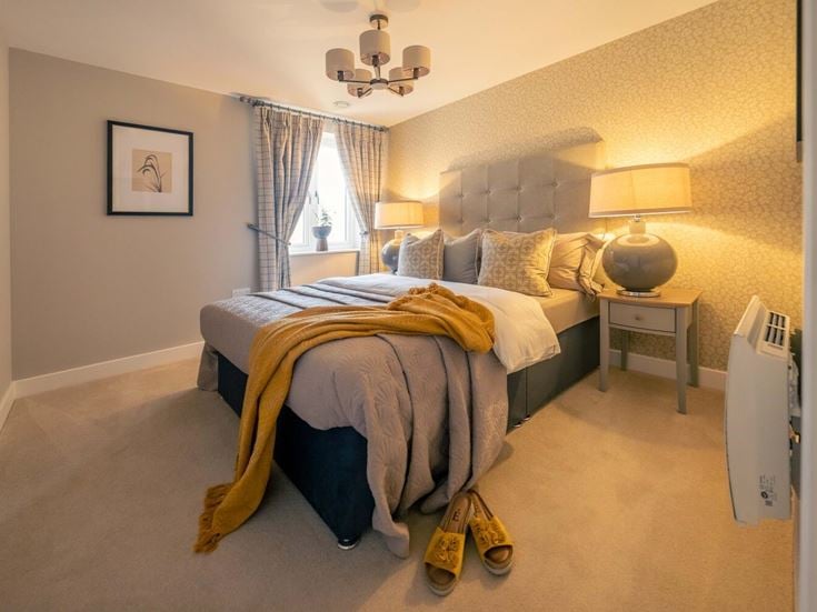 a bedroom with a bed and lamps