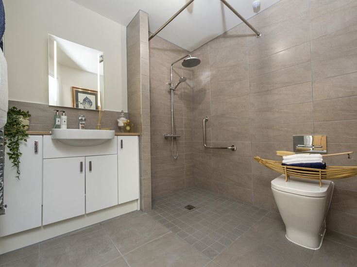 a bathroom with a standup shower