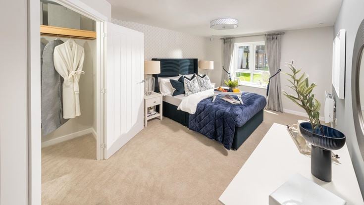 a bedroom with a bed and a desk