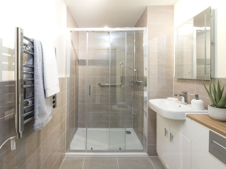 a bathroom with a glass shower