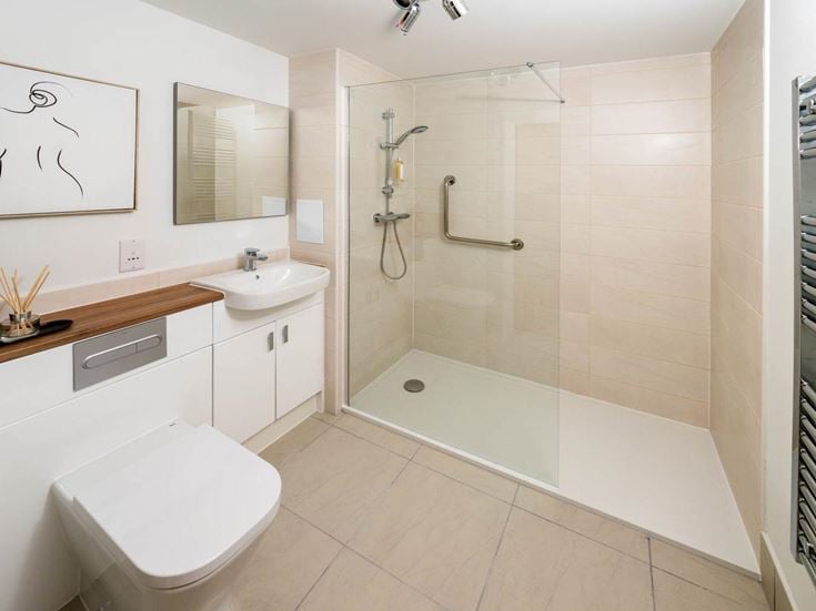 a bathroom with a standup shower