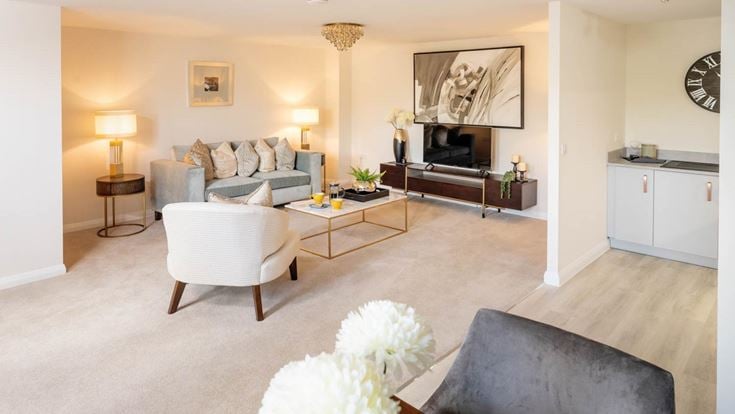 a living room with a fireplace