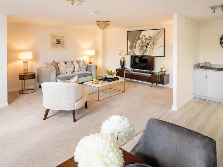 a living room with a fireplace