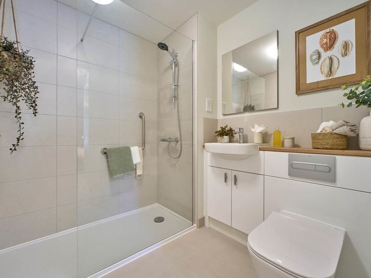 a bathroom with a shower and toilet
