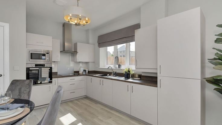 a kitchen with white cabinets
