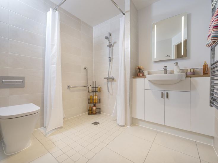 a bathroom with a standup shower