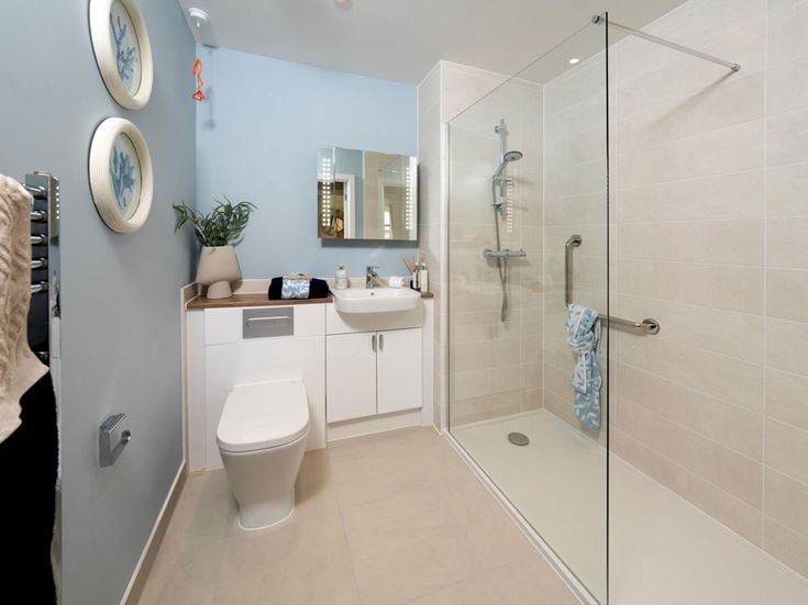 a bathroom with a glass shower