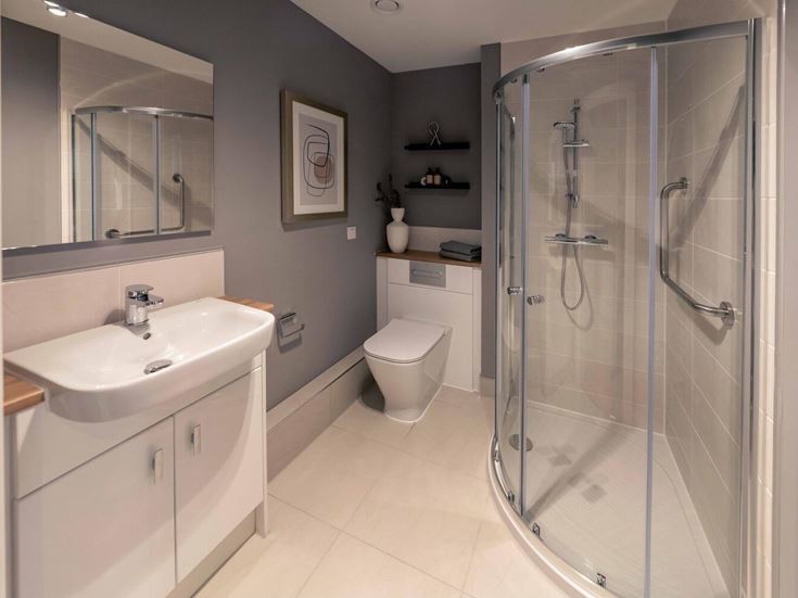 a bathroom with a glass shower