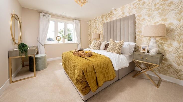 a bedroom with a bed and lamps