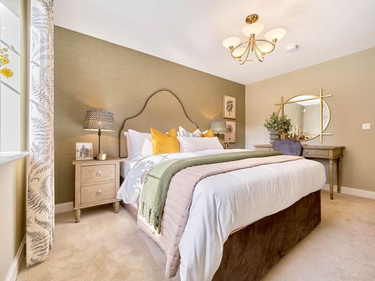 a bedroom with a bed and lamps