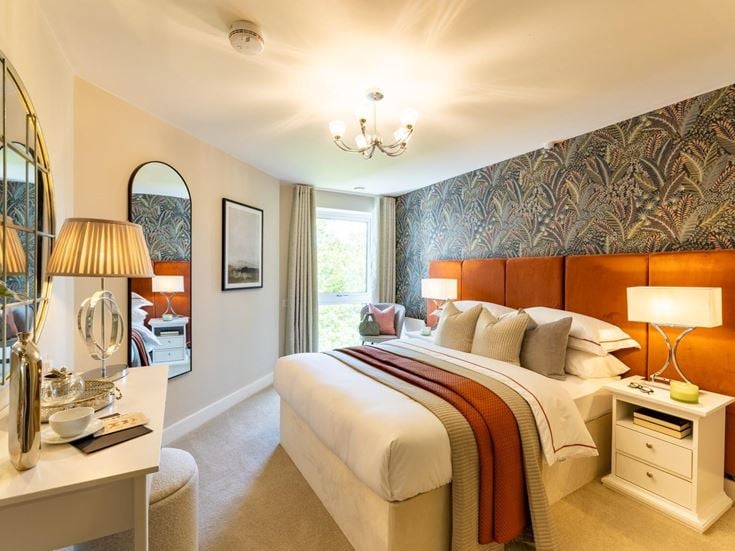 a bedroom with a bed and lamps