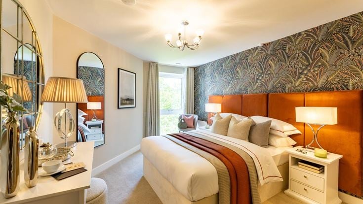 a bedroom with a bed and lamps