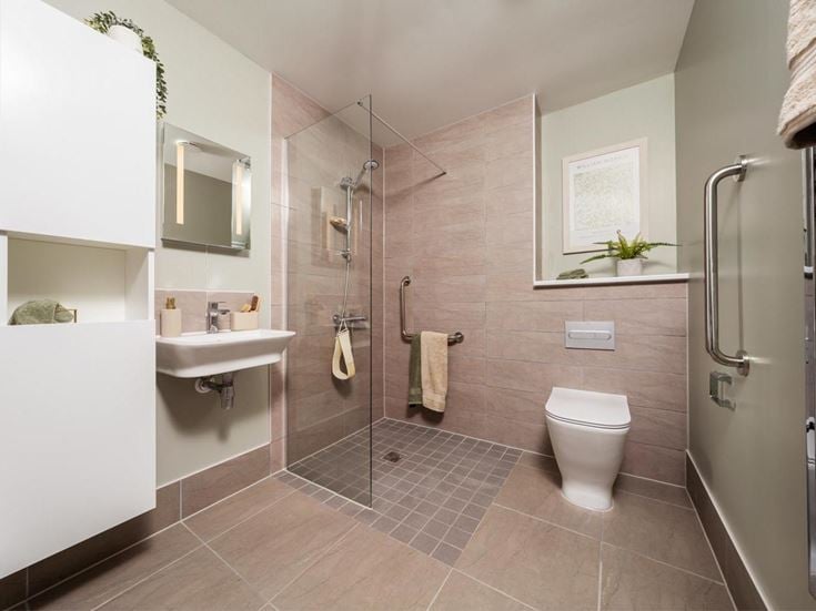 a bathroom with a glass shower