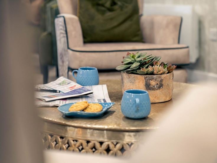 a table with a couple of potted plants and a plate of food