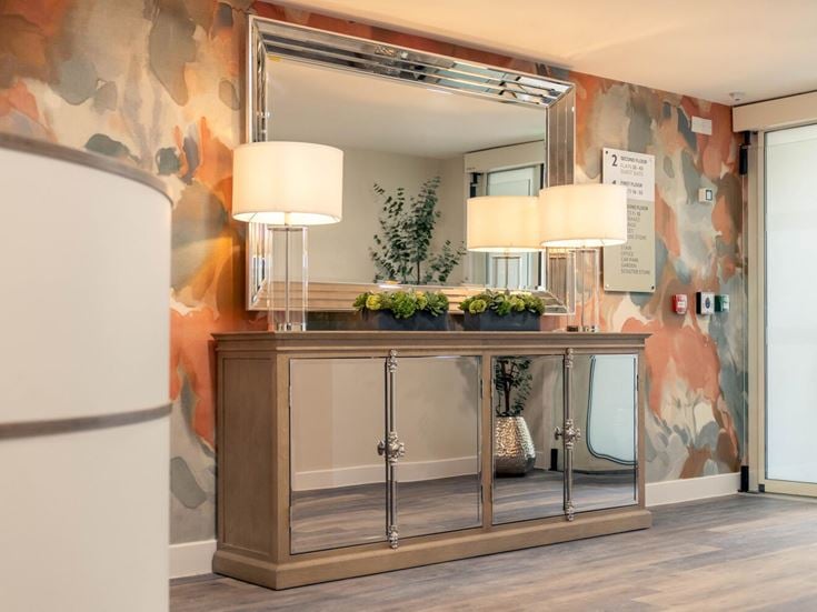 a room with a glass counter and a mirror with a plant on it