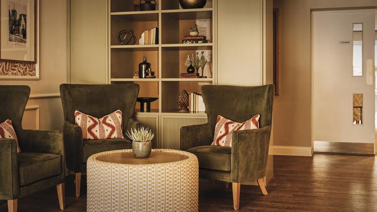 a living room with a shelf
