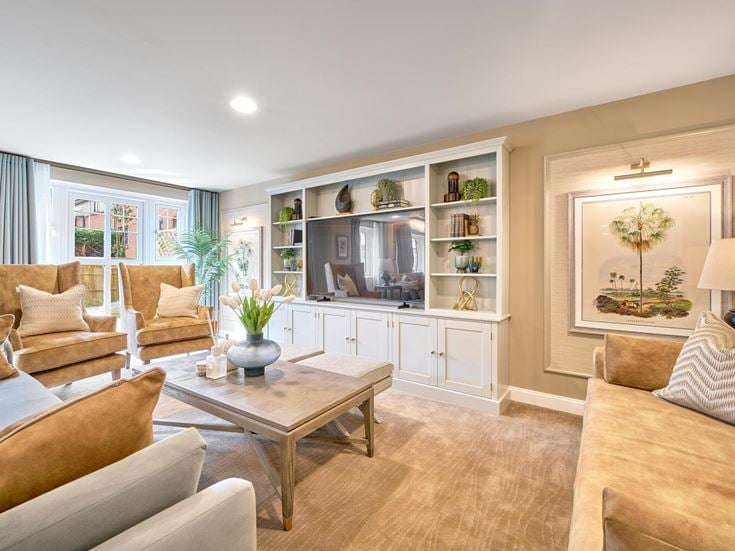a living room with a large glass door