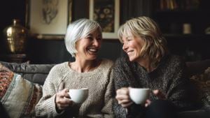 A couple of women sitting on a sofa and smiling whilst holding cups of coffee